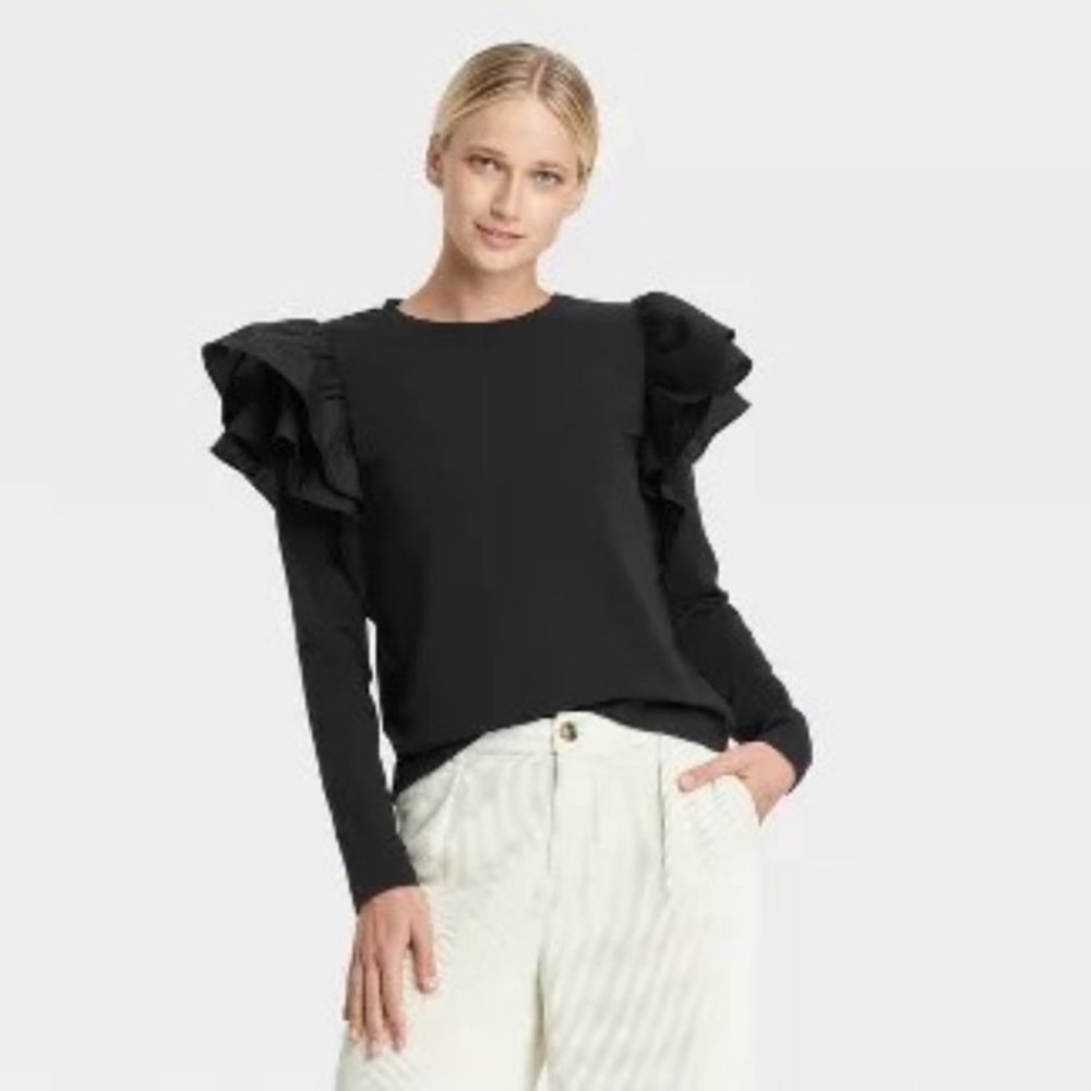 Who What Wear Black Ruffle Blouse